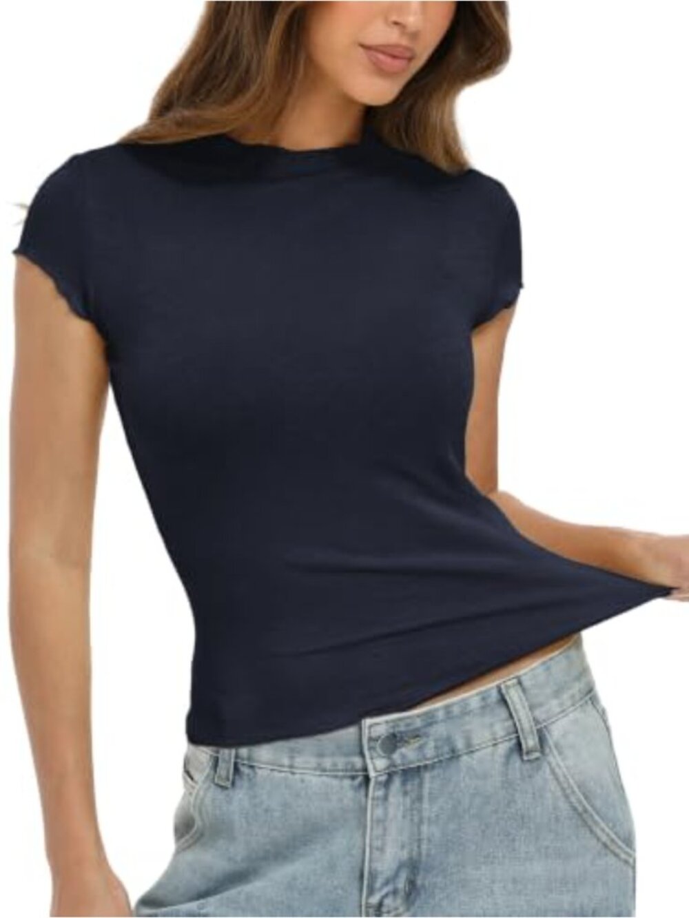 Womens Cotton Blend Fitted Baby Tee Lettuce Trim Crewneck Short Sleeve Top